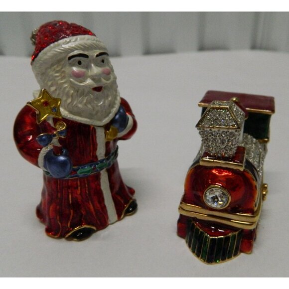 Santa Claus & Train Figurine Hinged Trinket Boxes Enamel Rhinestone Accents - Picture 14 of 15